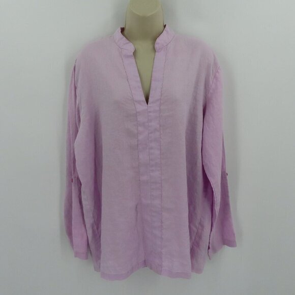 Island Importer Womens Large Purple Long Roll Tab Sleeves Linen Tunic Shirt Top - Picture 12 of 12